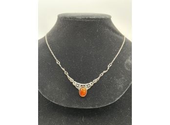 Vintage Sterling Silver And Amber Link/Bib Necklace - Nice Design - 24' Approx.