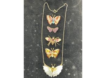 Vintage Butterfly Pins And One Bee Pin, Mother Of Pearl Moth Necklace