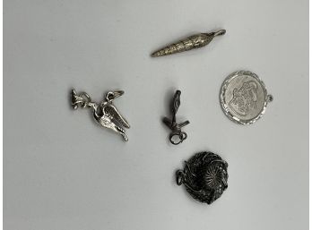 5 Sterling Silver Charms - Shell, Straw Hat, Stork, Happy Birthday, High Heel, Some Signed