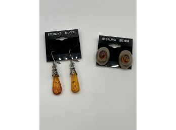 2 Pairs Of Vintage Sterling And Amber Earrings