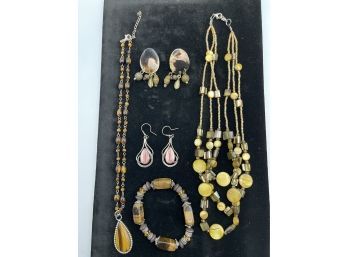 Vintage Lot Tigers Eye Jewelry, Sterling Silver Teardrop Pendant, Semi Precious Earrings, Shell Necklace, Etc