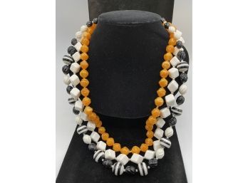 3 Vintage Plastic Necklaces - White Lucite Cubes, Marbled Oranged, Laminated Black And White Beads