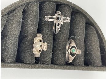Lot Of 3 Vintage Sterling Silver Rings With Irish Celtic Themes - Claddagh Rings, One Spins