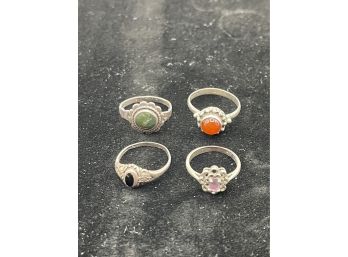 4 Vintage Sterling Silver .925 Rings - Amethyst, Amber, Turquoise?, Onyx, All Nice!
