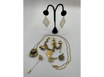 Vintage Gold Tone Jewelry Lot - Charm Bracelet, Charms, Purse Necklace, Fun Earrings, Trifari  Stick Pin