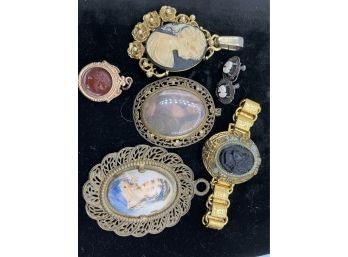Unusual Vintage Old Lot Of Cameos - Mona Lisa, Hand Painted, Carnelian Fob, Bracelet, Earrings