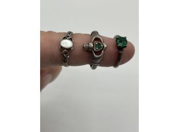 3 Vintage Celtic Irish Rings - Claddagh Reversible Ring, Green Stone, Celtic MOP