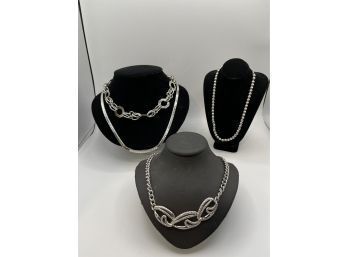 3 Vintages Silver Tone Fashion Costume Necklaces - All Marked - Trifari