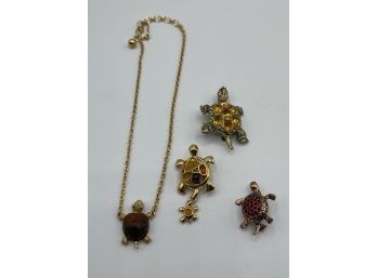 Lot Of 3 Pins And One Necklace Of Turtles. Trifari, Avon, Vintage Costume Rhinestones