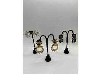 3 Vintage Costume Earrings - Glass AB Crystals, Black Glass Beads, Designer Signed Door Knocker Earrings, Clip