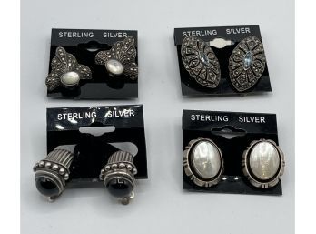 4 Vintage Sets Of Sterling Silver .925 Clip-on Earrings, Onyx, Mop - Marcasite, On New Cards