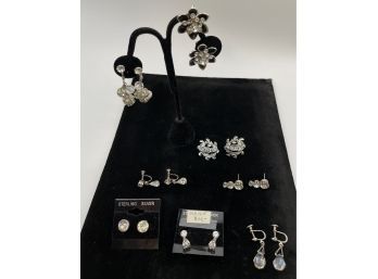 8 Pairs Of Vintage Crystal Rhinestone Earrings - 1- Sterling Silver Pair, 1 -14kgf Pair, Coro