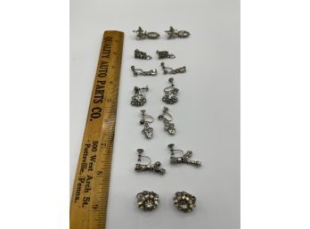Lot 6 Vintage Pairs Of Rhinestone Earrings - Clip Ons, Screwbacks, Prong-set, Some Signed, Sparkly