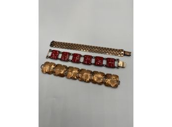 3 Vintage Copper Bracelets - Great Link Bracelet, Enamel, Hand Made - All Nice!