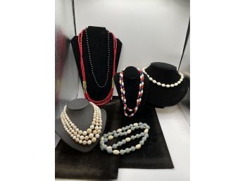 6 Vintage Plastic Necklaces - 2 Crown Trifari, 2 Trifari, 1 Multi-strand Japan, Red White Blue Glass Beads