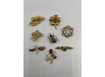 Lot Of 8 Vintage Pins - 7 Gold Tone - Pixie, Bug, Flower, Branch W Pinecone, Dragonfly