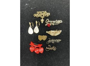 Antique Mother Of Pearl Mother Pin, Grandma Pins, MOP Clip On Earrings, Early Plastic Valentine Pin, Etc.