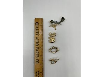 4 Vintage Gold Tone Pins Brooches Koala Bear, Wishbones, Enamel Bird, Pearl