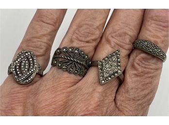 4 Vintage Marcasite Sterling Silver Rings