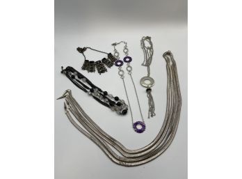5 Costume Necklaces, Silver Lariat, Black Enamel Link, Two Lightweight Silvertone, Glass Beads