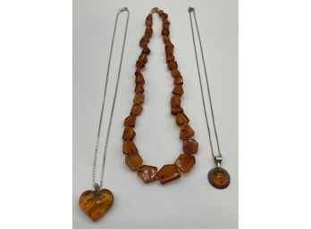 Lot Of 3 Vintage Amber And Sterling Necklaces, Marked