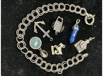 Sterling Charm Bracelet With 6 Sterling Charms - 1 Cord Charm, Anchor, Lapis, Religious, Aries, Cart