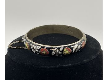 Vintage Sterling .925 Siam Enamel Hinged Bracelet - Flower Motif, Bright Colors, Great Shape