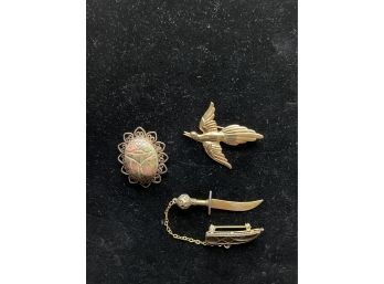 3 Vintage Pins/brooches - Sword W Scabbard, Bird, Semi-precious Stone Scarab Pin/pendant