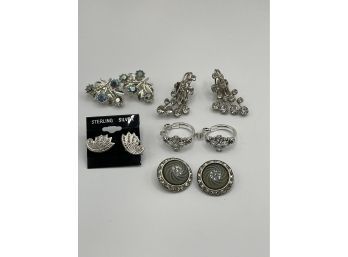 5 Vintage Pairs Of Rhinestone Earrings, 1 Sterling Silver Marcasite, 4 Prong Set Costume Earrings