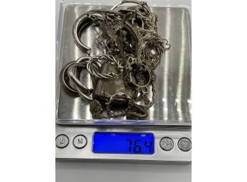 Sterling Silver Scrap Lot - 76.4 Grams -  Broken Chains, Pins, Single Earrings