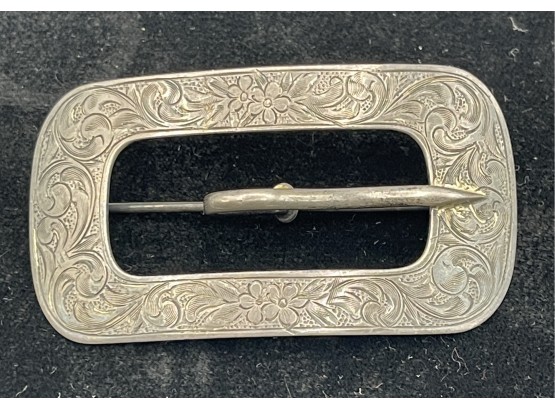 Antique Sterling Silver Buckle Pin Brooch - Etched Floral Filigree Design - Victorian
