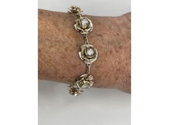 Vintage Sterling Silver 3D Flower Rhinestones Link Bracelet - Marked 925 -  Looks Italy - Sparkly