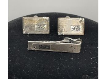 Sterling Silver Cuff Links And Tie Clasp.  22.7 Grams.
