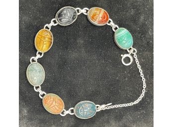Vintage WRE Sterling Silver, Semi Precious Stones Carved Scarabs Link Bracelet - Chunky, Quality