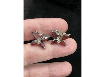 Vintage Sterling Silver, Carnelian, Marcasite  Stones Butterfly Pierced Earrings.  Prong Set, Nicely Made.