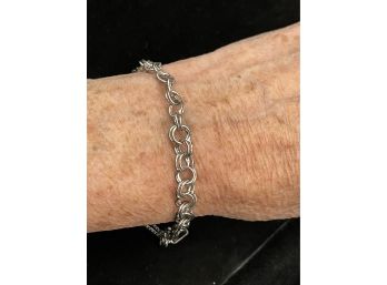 Vintage Sterling Silver Double Link Charm Bracelet, Safety Chain, Makers Mark, 10.1 Grams