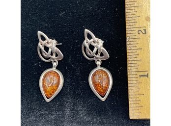 Sterling Silver, 925, Amber Stones Celtic Design Earrings - Pierced - 1 1/2 Inches Tall - Pretty!