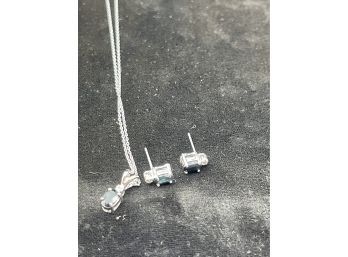 Sterling Silver Thailand Necklace, Earrings Set - Semi Precious Stone - Emerald? Diamond Chip