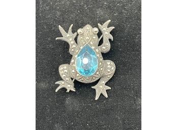 Sterling Silver, Marcasite And Blue Glass Stone Frog Pin - So Cute!