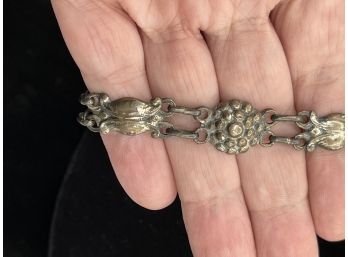 Old Vintage Sterling Silver Link Bracelet - Berries And Squash Blossoms? Marked Sterling 6 3/4 In.