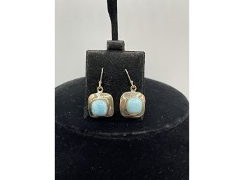 Sterling Silver Turquoise Calcedony?  Pierced Earrings - Modern Design - Marked 925