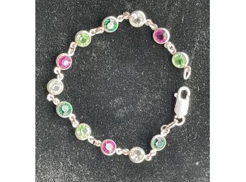 Milor Italy Sterling Silver Open Setting Crystal Stone Link Bracelet - Greens, Pinks, Clear -
