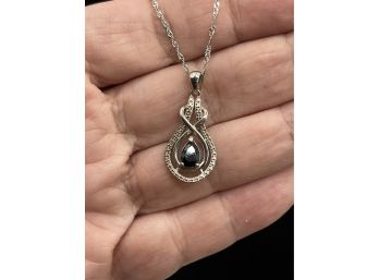 Sterling Silver Pendant Necklace On Sterling 18' Rope Chain, Blue Stone, Nice Setting, .925