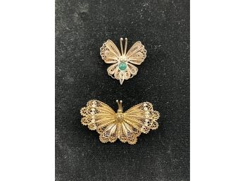 2 Vintage Sterling Silver Butterfly Pins -  Filigree Wings, Black White Enamel, Marked
