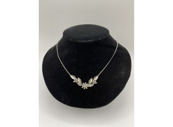 Vintage Sterling Silver 925 Prong Set Rhinestones Flower Leaf Necklace - 26'