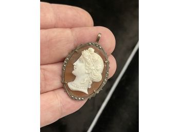 Antique Shell Cameo With Beautiful Marcasite Sterling Silver Setting Pin Or Brooch
