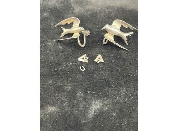 Antique Sterling Silver Hand Made Dove Victory Earrings WW2 - Screw Backs -  Needs Repair... Or Not.