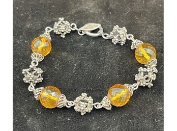 Old Vintage Sterling Silver And Faceted Amber Glass Bead Bracelet - Unusual And Pretty! 8 Inches