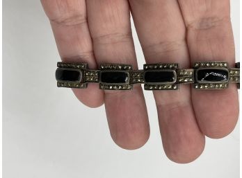 Old Vintage Sterling Silver, Marcasite, Onyx Link Bracelet -  Substantial And Detailed - Very Nice!