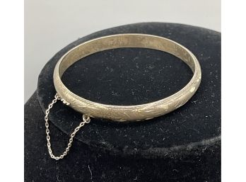Vintage Sterling Silver Hinged Bracelet - Medium - Etched Design, Safety Chain, FAS